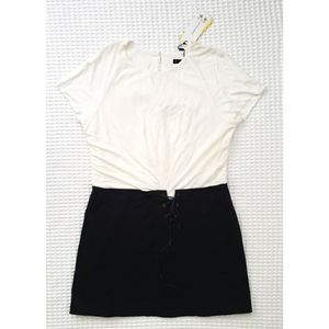 KAREN MILLEN cap sleeve ivory black lace skirt dress 10